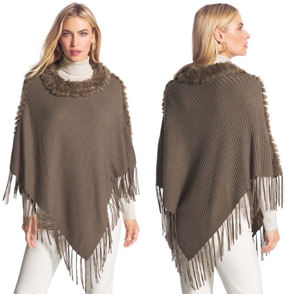 NWT Chico's Taupe Faux Fur Detachable Collar Frayed Poncho, Sz. O/S (One Size) - Picture 1 of 11